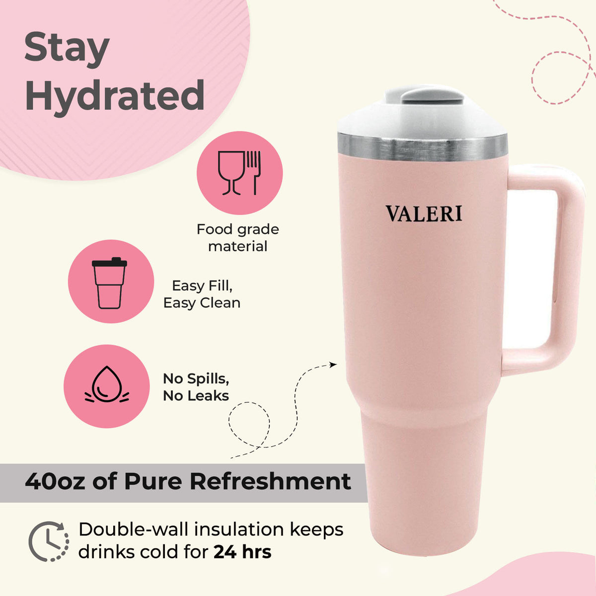 VALERI 40oz Leakproof Travel Tumbler with Straw & Handle