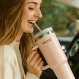 VALERI 40oz leakproof travel tumbler with straw and handle in rose quartz pink